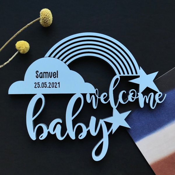 Welcome Baby mit Regenbogen, Name & Datum